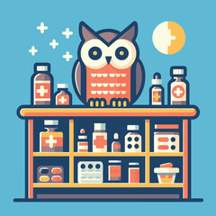 Owl Pharmacy in Flat Illustration Modern Medicine Cabinet with Owl Mascot
