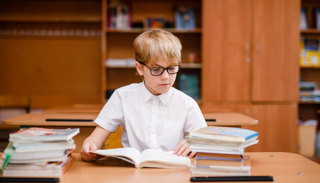 Schoolboy in glasses with visual impairment answering in a public school lesson