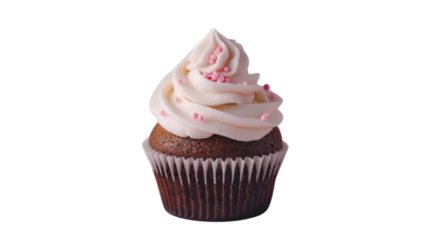 Delicious chocolate cupcake with pink sprinkles on transparent background