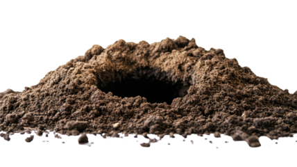 Deep dark hole revealing mysterious secrets in pile of dirt with transparent background