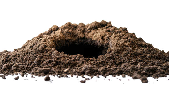 Deep dark hole revealing mysterious secrets in pile of dirt with transparent background