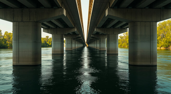 Under bridge perspective, concrete columns reflecting in dark river water, architectural symmetry and infrastructure, urban landscape and engineering