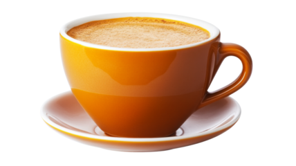 Orange coffee cup filled with delicious coffee on transparent background