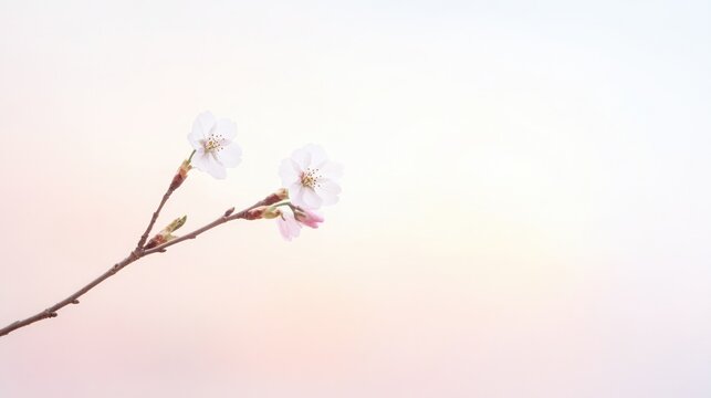 single delicate cherry blossom branch stretches across soft pastel sky background creating atmosphere of serene simplicity