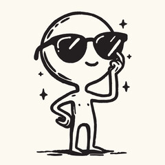 Obraz premium Cool Cartoon Character in Sunglasses with Confident Pose - Black and White Line Art Illustration
