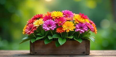 A bouquet of rainbow-colored flowers in a wooden planter, planter, landscape, bouquet