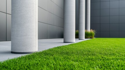 Fototapeta premium Construction Ash Cement Concept, Modern Office Building Exterior with Fly Ash Cement Columns and Lush Green Lawn in an Urban Setting
