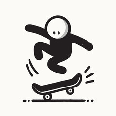 Fototapeta premium Minimalist Stick Figure Skateboarding Trick - Black and White Line Art