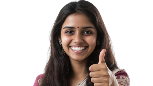 Smiling indian woman showing thumbs up on transparent background