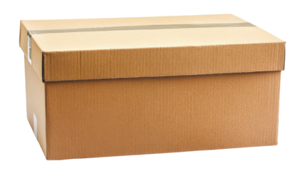 Closed cardboard box with packaging tape on transparent background