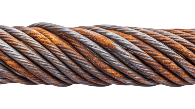 Rusty steel cable closeup on transparent background
