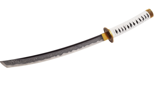 Traditional japanese katana sword with white hilt on transparent background