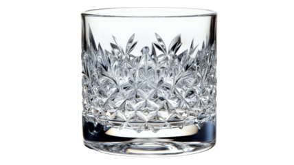Empty crystal whiskey glass shining on transparent background