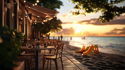 Fototapeta premium Beachfront cafe at sunset; people dining outdoors; tropical boardwalk with children's play equipment in the background. Possible use travel, tourism, restaurant advertising