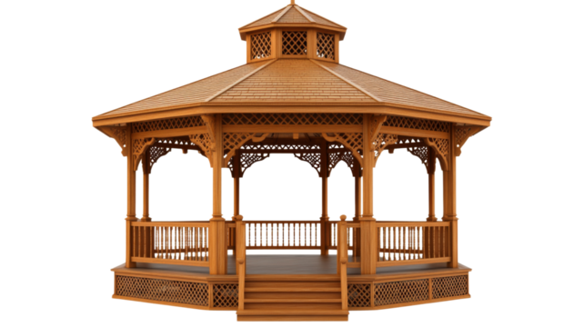 Wooden gazebo with ornate details on transparent background