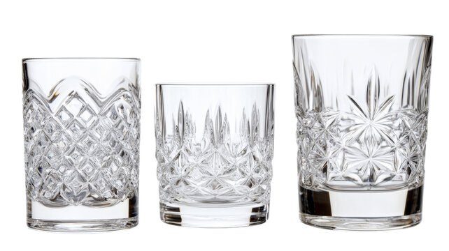 Three empty crystal tumblers with different cut glass patterns on transparent background