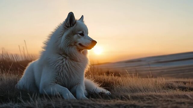Samoyed dog at sunset on a meadow