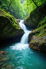 Fototapeta premium Turquoise water cascading over moss-covered stones, alpine, jungle