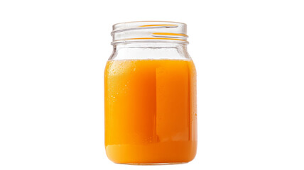 Refreshing orange juice in a glass jar with condensation on transparent background