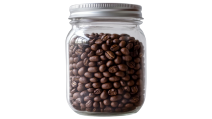 Roasted coffee beans filling transparent glass jar with metal lid on transparent background