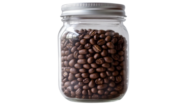 Roasted coffee beans filling transparent glass jar with metal lid on transparent background