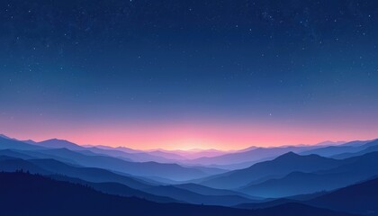 Serene twilight landscape with hills under starry sky. Gradient of blue, purple colors. Quiet landform, shadow, colors create beauty. Dreamy scenery, panorama, scenic view evokes peaceful mood.