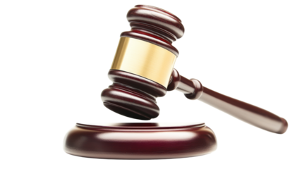 Wooden gavel striking sound block on transparent background