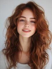 Portrait of smiling redhead fashion model with freckles showing happiness