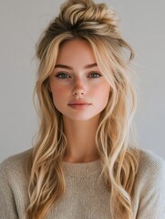 Naklejka premium Blonde woman with freckles and casual hairstyle posing in studio