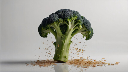 The image shows a single head of broccoli standing upright on a white surface. 