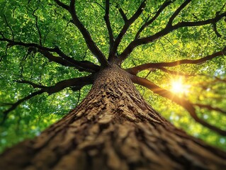 Majestic oak tree growing tall in lush forest nature photography sunlit greenery low angle view