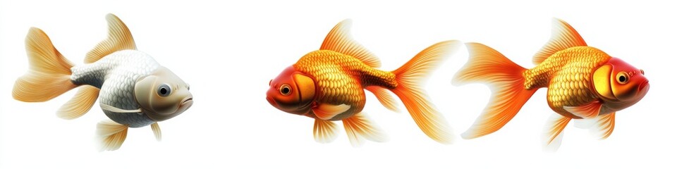 Goldfish Pets in Aquarium Banner Collection of freshwater Cyprinidae swimming Panoramic Isolated White Background Photo