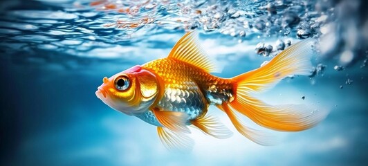 Fototapeta premium Aquarium Fish Sweet and Cute Goldfish (Cyprinidae) Swimming in Blue Freshwater Pets Background