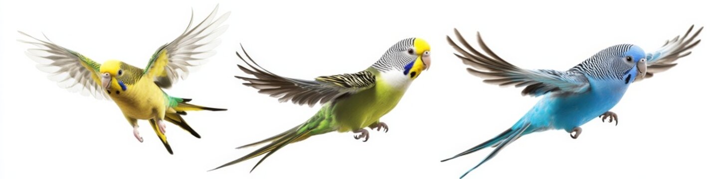 Cute and Colorful Budgie Birds Collection Sitting and Flying Pet Budgies Isolated on White Background