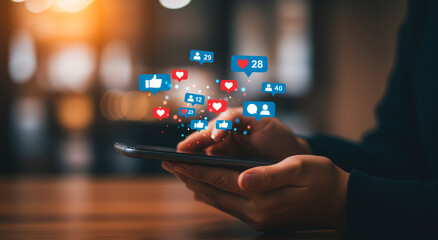 Social media engagement on smartphone, floating likes and follower icons, digital marketing impact, modern communication and online influence concept