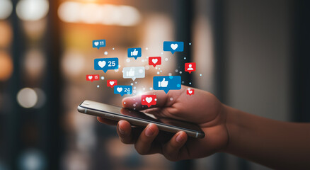 Social media engagement concept, hands holding smartphone with floating like and heart icons, digital marketing and online interaction theme, mobile technology lifestyle