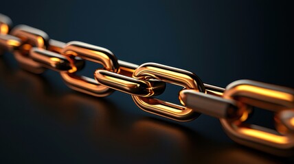Obraz premium A close-up view of a shiny, golden chain link, emphasizing its smooth texture and intricate interconnections against a dark background.