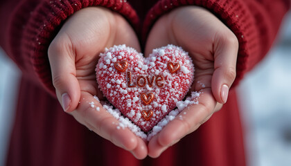 Fototapeta premium two hands cupped holding a red heart shaped stone with sparkles rising from the heart 