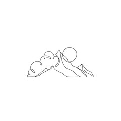 Abstract sunrise mountain range landscape background. Simple line drawing of mountains, sun, clouds. Outdoor recreation concept. Vector illustration for minimal poster, template, print, background