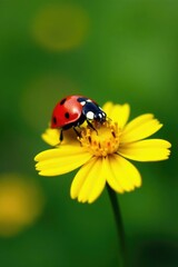 Fototapeta premium Bright red ladybug sits on delicate yellow flower, petal, colorful, nature