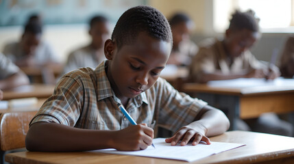 Little african boy writing in classroom during test