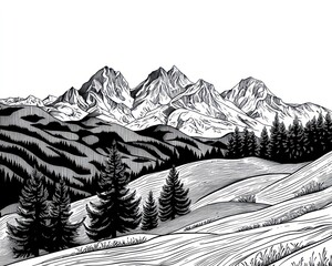 Fototapeta premium Majestic snow-capped mountains, evergreen forest, rolling hills; scenic landscape illustration, perfect for travel brochures