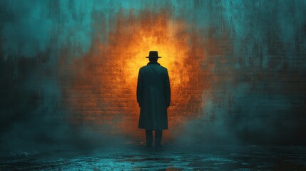 Obraz premium A man in a black coat stands in front of a brick wall with a yellow light in the
