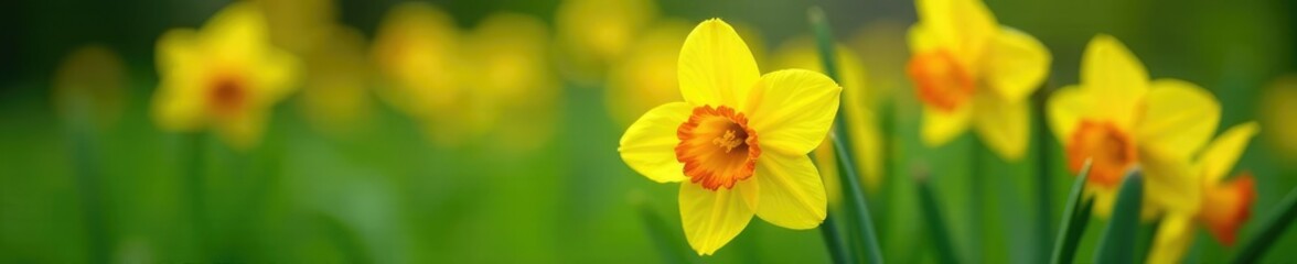 Bright yellow and orange double daffodil blooms in a lush green garden, plants, garden