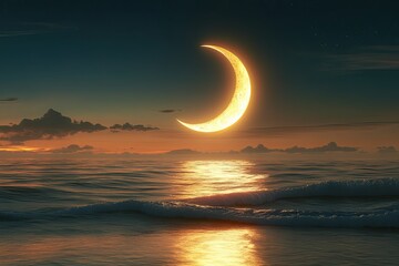 Mystical Glowing Crescent Moon over Ocean at Twilight Cinematic Scene