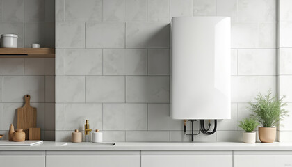 Modern home interior with gas boiler water heater. White appliance mounted on wall above counter, next to potted plant, creates aesthetic minimalist style. House climate control system provides