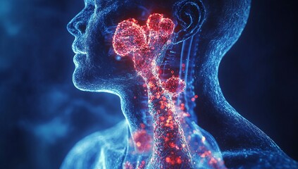 An illustration of the human head and neck, focusing on an area where cancer has formed in one