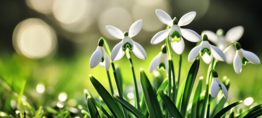 Obraz premium Snowdrops (Galanthus) on Meadow White Flowers in Sunny Garden. Easter Spring Panorama Background Banner