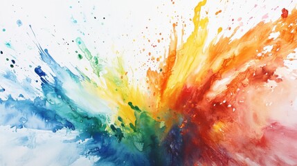 Fototapeta premium Rainbow Splashes: A vibrant abstract watercolor painting captures the energy and creativity of a rainbow explosion. The playful splatters of color create a dynamic and captivating visual, evoking fee