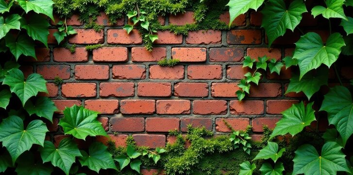 Brick wall covered in vines and moss growing through cracks, organic, overgrowth
